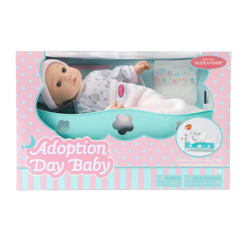 Adoption Day Baby Girl, Medium Skin, Brown Eyes in Cradle Table!