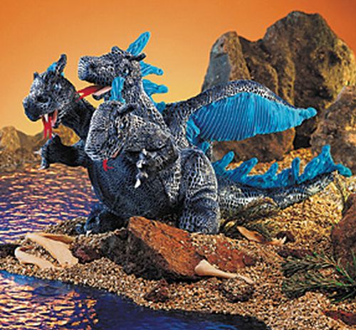 Dragon, Blue, Three Headed Hand Puppet